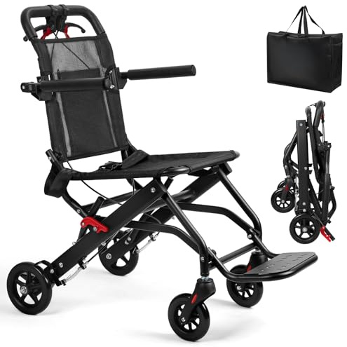 Silla de ruedas plegable portátil, silla de ruedas de viaje ligera para personas mayores con asiento más ancho, asa telescópica, ruedas traseras de 12 pulgadas y cinturón de seguridad, soporta 120 kg