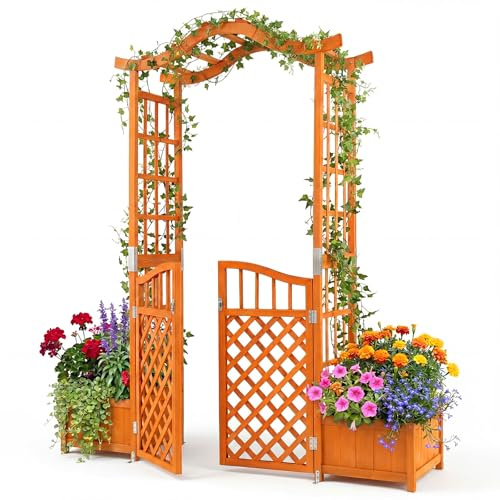 COSTWAY Arche de Jardin en Bois avec Portillon et 2 Jardinières, Pergola Extérieur avec Trous de Drainage pour Plantes Grimpantes Légumes, Décoration pour Mariage Commémoration Fête