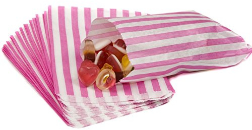 100 - Striped Candy Paper Bags for Sweet Flavor Buffet Wedding Cake Gift Shop (5'' X 7'') (Pink, Qty: 100 Bags)