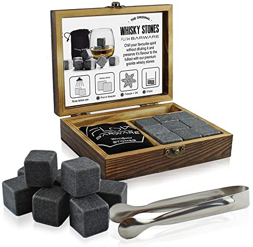 Coffret Cadeau Pierres à Whisky dans Coffret élégant en Bois, Comprenant 9 Pierres de Refroidissement en Granit, Une Pince à Glace et Une Pochette de Rangement Le Cadeau Ultime pour Le Whisky