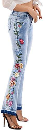 Chartou Jean évasé pour Femme Motif Floral brodé - Bleu - Taille L