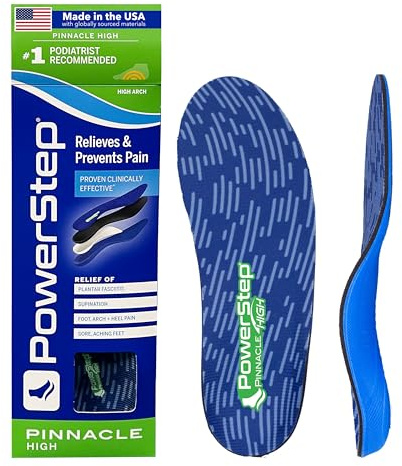 PowerStep Pinnacle High Arch Orthotic Insoles, Plantar Fasciitis Relief, Supination Heel Pain, Arch Support, PowerStep Insoles for Women and Men, Made in USA (Men's 11-11.5)
