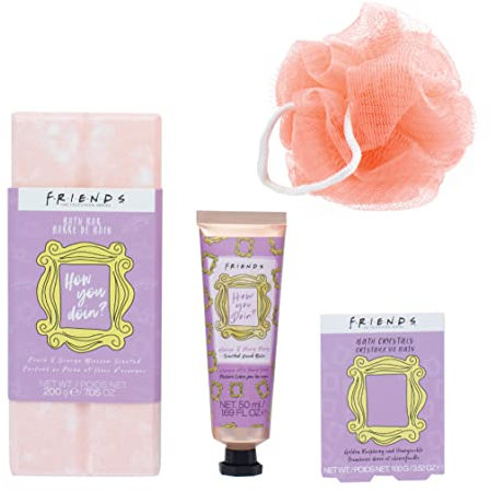 Paladone Coffret cadeau Friends Bath and Body comprenant une barre de bain, des cristaux de bain, un baume pour les mains et une houppette sous licence officielle, bleu sarcelle