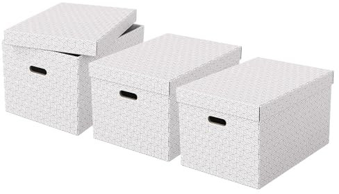 Esselte 3er Set große Aufbewahrungs- & Geschenkboxen mit Deckel, Schachteln für Wohnung/Büro & Organisationszwecke, 100% recycelter Karton, 100% recycelbar, geometrische Designs, Weiß, 628286