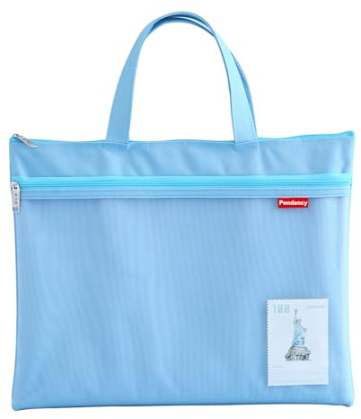 Pendancy Mesh Zipper Pouch 11x13.7 in, Large Double Pocket Waterproof File Bag with Handle, A4 Size Foldable Document Storage for Puzzle Project/Cross Stitch/Travel/Office（Blue）
