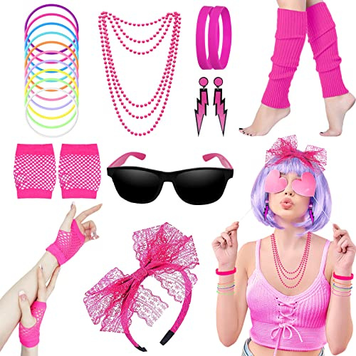 80s Fancy Dress Costumes Accessories, 1980s Fancy Style Dresses Party Sets & Kits for Women, Neon Leg Warmers Necklaces Bracelet Fishnet Gloves Lace Bow Headband Earrings Sunglasses-Rose Red
