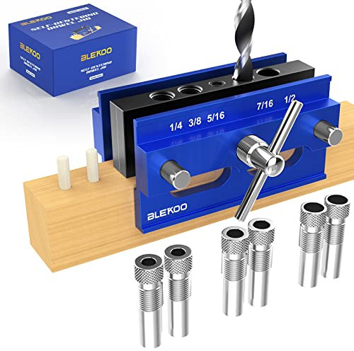 BLEKOO Self Centering Doweling Jig Kit, Drill Jig for Straight Holes Biscuit Joiner Set with 6 Drill Guide Bushings, Adjustable Width Drilling Guide Power Tool Accessory Jigs (Blue)