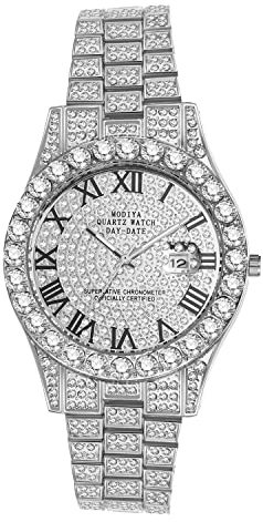 JewelryWe Uhren Herren Damen Kalender Analog Quarz Armbanduhr Elegant Klassische Strass Glitzer Metall-Armband Uhr mit Römischen Ziffern Zifferblatt und Werkzeug Silber