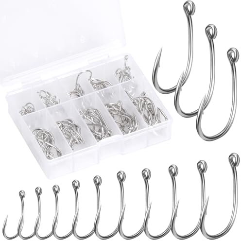 100 Stück Angelhaken Set in 10 Größen - Kohlenstoffstahl Mit Widerhaken und Öse - Angelzubehör für Salzwasser und Frischwasser