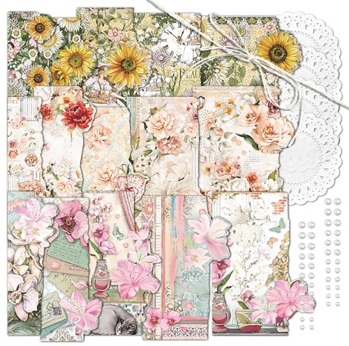 Juego de 3 álbumes de recortes de flores vintage de papel decorativo para tarjetas, arte, manualidades, collage, envoltura de regalos y álbumes de recortes (Bella)