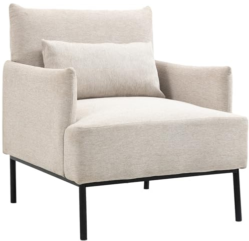 HOMCOM Poltrona Moderna d'Arredo con Schienale Imbottito e Cuscino Extra, Poltroncina in Tessuto Effetto Lino e Acciaio, 73x81x82 cm, Bianco Crema