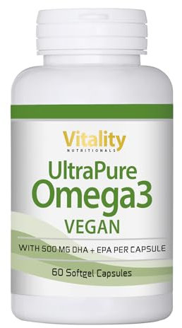 Veganes Omega 3 Hochdosiert aus Algenöl mit 375 mg DHA + 125 mg EPA Pro Kapsel (60 Stk) ohne Fischöl, ungesättigte Fettsäuren, Nahrungsergänzung ohne Zusätze Vitality Nutritionals by VitaminExpress