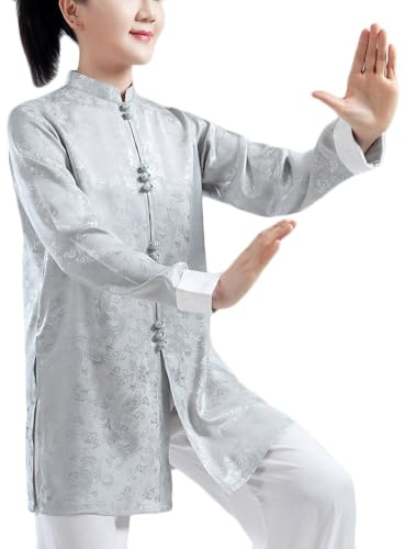 Dee Plus Chinesische Kampfkunst Herren Jacke Oberteile, Tang Anzüge Hanfu, Tai Chi Kung Fu Wushu Traditionelle Uniform Oberbekleidung für Männer Frauen (Grau Oberteile,XXL)