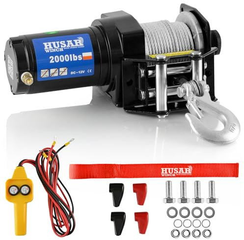 Husar Winch Cabrestante Eléctrico De 12V 2000 lbs | 907 kg - Cuerda de Acero De 15 Metros de Largo Muy Resistente, Control Con Cable, Freno Automático, Kit de montaje - Ideal Para Quads y ATV/UTV
