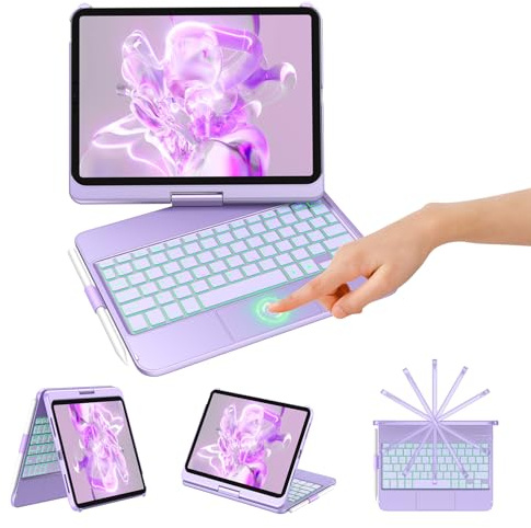 KBCASE Clavier pour iPad 11 A16/10Ème Génération avec Trackpad (11 Pouces 2025/10.9 Pouces 2022) 360 Rotatif Clavier sans Fil Bluetooth avec 7 Couleurs Rétroéclairées pour iPad A16 11/10Ème Génération
