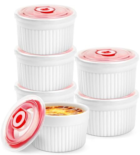 WPPQWP Creme Brulee - Ciotole in ceramica, 6 pezzi, Ø 9 cm, 320 ml, con coperchio, resistenti al forno, per budini, per dessert, mini pirofile, colore bianco, per cuocere in cucina (bianco, diametro 9