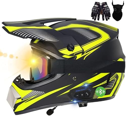 Motocross Bluetooth-hjälmar, ECE-godkänd motocrosshjälmar med handskar/glasögon/mask, bekväm och ventilerad, säker, lämplig för motocross, MTB, cross-bike E, S55–56 cm