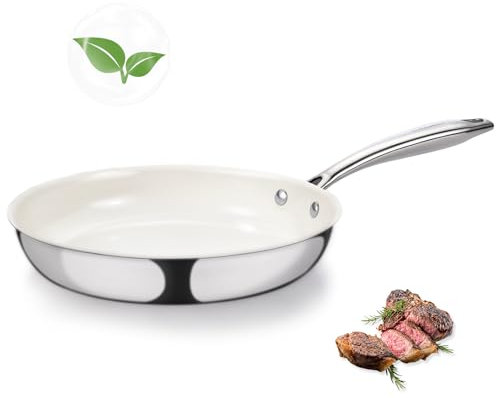 SAKAMOSH 8 Tri-Ply Stainless Steel Frying Pan, Nonstick Ceramic Pan, Skillet with Stay-Cool Handle, Non Toxic, PFAS PFOA PTFE Free, Dishwasher & Oven Safe, Induction, Compatible with All Cooktops