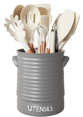 Karisky Kitchen Utensil Holder for Countertop, 6.4 Large Ceramic Utensil Crock with Cork Mat, Handles, Modern Cooking Tool Spatula Organizer for Kitchen Counter Decor, Matte Grey