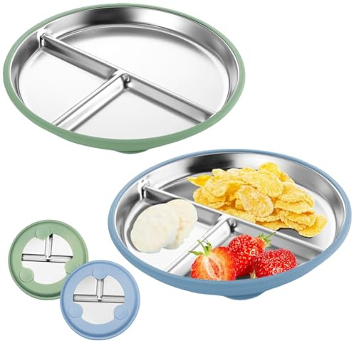 FloralGrace 2 Piece Stainless Steel Baby Plate with Suction Cup, 23CM Divided Children's Plate with Removable Silicone Sleeve for Kids, Non-slip Unbreakable (Blue Green)