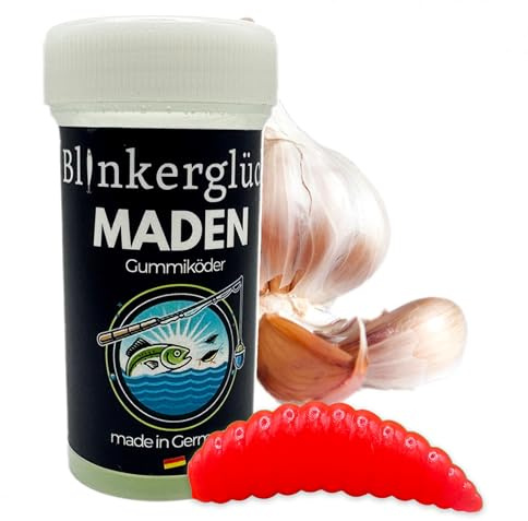 Blinkerglück Kunstmaden – 12 Stück 3 cm weiche Maden mit Knoblauch-Aroma in wiederverschließbarer Dose (Rot (UV-Aktiv))