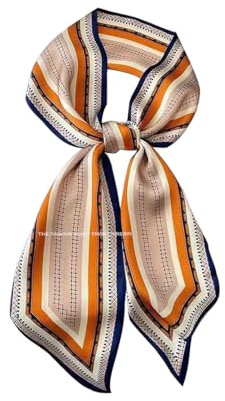 59” Silk Head Scarf for Hair Fashion Headwrap for Women Lightweight Neck Tie Orange & Blue Geometry 63