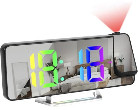 PCXWTLN Sveglia con Proiettore, Orologio Digitale 8,1 RGB, 3 Livelli di Luminosità, Proiezione Regolabile a 180°, Orologio con Termometro, Doppia Sveglia 12/24H, Display LED, Ricarica USB