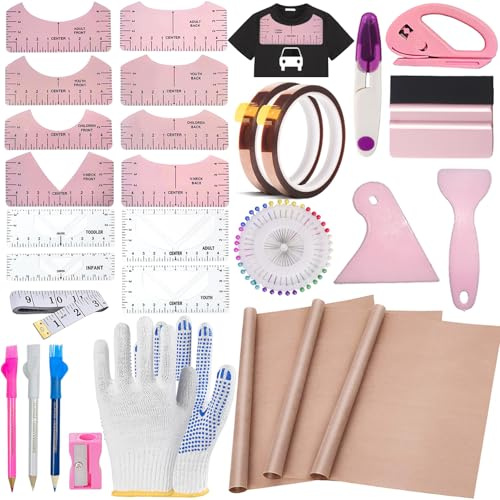 QUKLOGEN 68 Pièces D'Accessoires de Sublimation,T Shirt Ruler Guide Alignment pour Accessoires de Couture Traceur,Ruban Adhésif Résistant à la Chaleur,Film Téflon pour Presse de Transfert