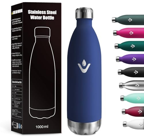 Botella Termica 1L, Reutilizable, Botella Agua Termica a Prueba de Fugas, Termo Agua Acero Inoxidable sin BPA, Botella Doble Pared para Oficina, Escuela, Gimnasio, Senderismo, Adultos, Aire Libre
