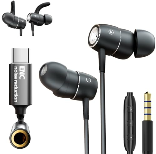 Wired headphones with ENC noise-canceling mic,USB-C and 3.5mm plug combo in-ear wired heavy bass earbuds,Wire earphones with call noise reduction,Immersive high fidelity subwoofer earbud with ear hook