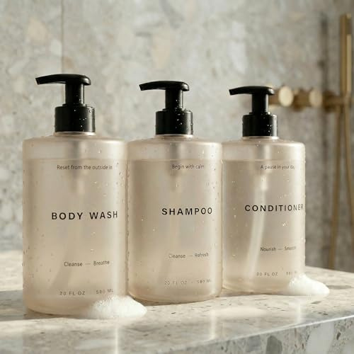 Elegante dispensador de champú y acondicionador, juego de 3 botellas de jabón de ducha modernas de 591 ml con bomba y etiquetas, dispensadores de lavado corporal fáciles de rellenar para una