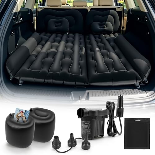 Jradse Matelas Gonflable Voiture, Inflatable Mattress pour Coffre, Matelas Pneumatique SUV avec Pompe 12V Incluse + 2 Oreillers,2 Remplisseurs pour Voyage, Camping, Activités de Plein Air (Noir)