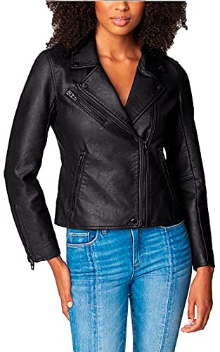 [BLANKNYC] womens Luxury Clothing Semi Fitted Vegan Leather Motorcycle Jacket, Onyx, Large US
