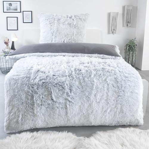 BaSaTex Winter Bettwäsche Set, 2-TLG., 155x220, Kunstfell Grau