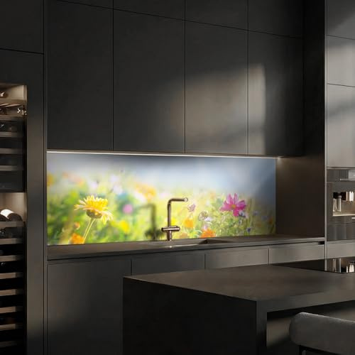 Dedeco köksbakvägg motiv: Blommor V3, 3 mm akrylglas som stänkskydd för köksväggen, väggskydd, dekorativ vägg vattentät, 3D-effekt, alla underlag, 260 x 60 cm