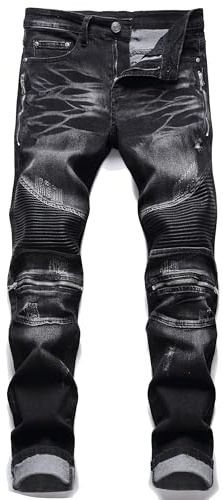 AITITIA Men's Biker Zipper Deco Washed Straight Fit Jeans, 005 Black, 34