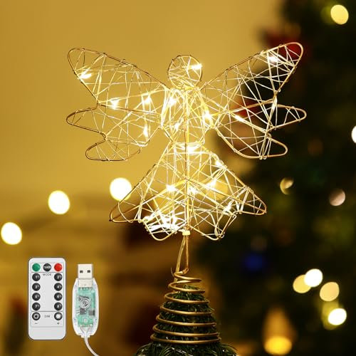 Lewondr Christmas Tree Topper Angel, USB Powered Remote Controlled 9.8 Inch Glittering Angel Xmas Tree Topper, 6H Timer Christmas Treetop with Lights for Xmas Home Holiday Party, Gold