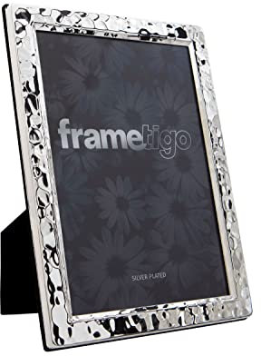 Frametigo - Silver Plated Narrow Hammered Photo Frame, 4x6 (10x15cm) Photo Size - Velvet Frame Backing & Stand - Real Glass Window - Tarnish Resistant - Landscape or Portrait Orientation