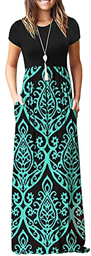 AUSELILY Mujer Verano Vestido Señorita Maxi Vestido de Manga Corta Bolsillo Verde Negro L