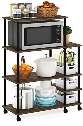 Furinno TURN-N-TUBE Bakers Rack with Wheels, 4-Tier Kitchen Storage Cart, Kitchen Cart, Coffee Bar, Pantry Organizers and Storage, Columbia Walnut