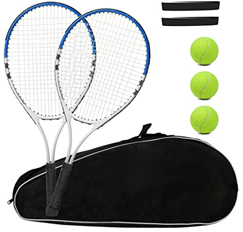 Tennis Racket Pre-Strung Lightweight 27 Inch Racquet Recreational Adult Rackets for Men Women Students Training Tennis Starter Kit with Balls,Carry Bag and Overgrips (Blue/White - 2 Rackets)