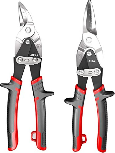 AIRAJ Tijeras de hojalatero 2 piezas -Cizallas cortadoras de hojalata para trabajos pesados-Corte recto y a derechas-Herramienta de corte para metal-Doble acción de palanca-Empuñadura ergonómica