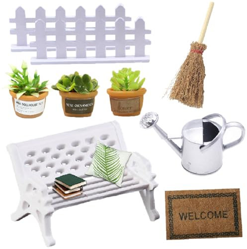 Weploda 9 Pièces Miniature Jardin Ornements Outils de Jardin, 3 Mini Plantes, 1 Banc, 1 Balai, 1 Tapis, 1 Arrosoir, 2 Clôtures. Convient pour Décorer Un Mini Jardin