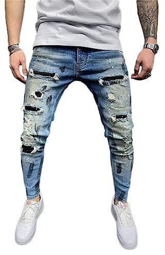 Osheoiso Vaqueros Rasgados de Hombre Skinny Denim Jeans Hip Hop Slim Fit Pantalone Casuales Elasticos Agujero Pantalón Largo Hombre Vaqueros Ajustados G1 Azul XL