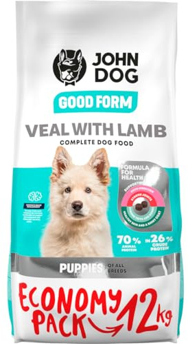 JOHN DOG Trockenfutter für Hunde Good Form Kalb mit Lamm - Getreidefrei und Geflügelfrei - Hundefutter für Welpen Aller Rassen - 12kg