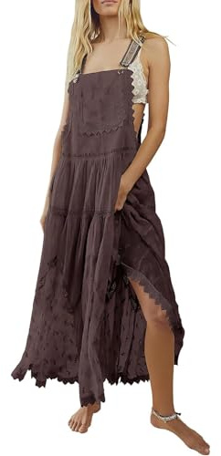 ebossy Women's Laced Embroidered Tulle Bib Dress Casual Loose Adjustable Straps Maxi Dress (S, Coffee)