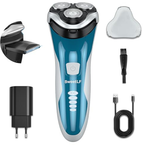 SweetLF [2024 New] Rasoir Electrique Hommes Wet & Dry avec Tondeuse Barbe, Rasoir Rechargeable avec 4D Têtes Rotatives, Rasage IPX7 Etanche + 120 min d'Autonomie - Bleu
