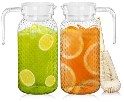 Littlegaofeithing 2Pcs 1 Litro decantador de agua, jarra de plástico moderno diseño de patrón de lágrima, jarra de plástico con tapa y asa, para infusor de frutas, té helado, café caliente, leche