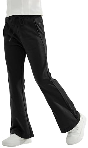 Rolanko Pantalons pour Filles, Jersey à Taille Élastique Évasé Uniforme Scolaire Coupe Bootcut Pantalon de Survêtement, Noir, Taille: 8-9 Ans/140