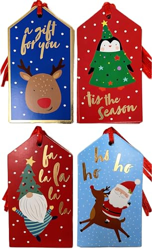 20 Luxury Christmas Gift Tags for Kids – 4 Cute Designs – Santa, Reindeer, Penguin & Gonk – 11x6cm – Pre-Attached Red Ribbons – Eco Friendly – Recyclable Packaging